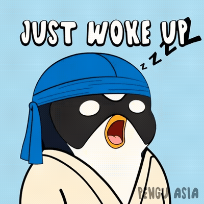 Penguin In Blue Headband Just Woke Up GIF