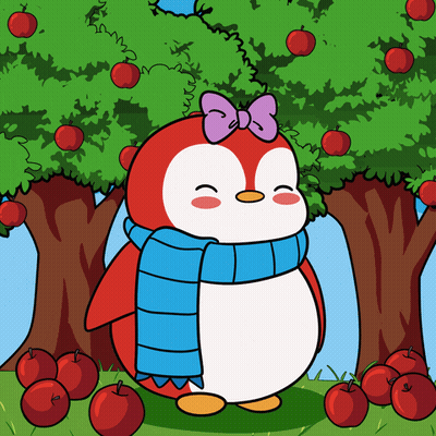 Penguin In Blue Scarf And Purple Bow In Front Of Apple Tree GIF