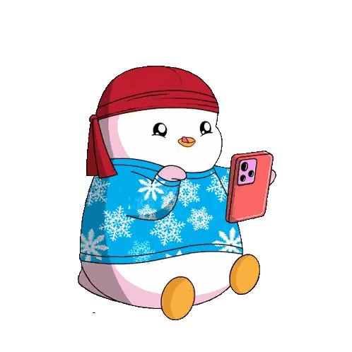 Penguin In Blue Sweater And Red Headband Holding Cell Phone Sticker