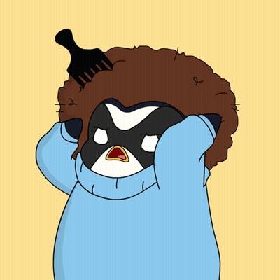 Penguin In Blue Sweater Holding Comb Over Head GIF