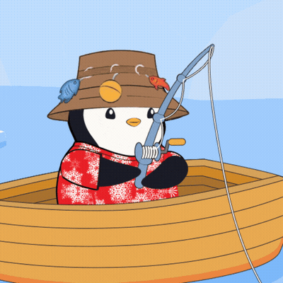 Penguin In Boat Holding Fishing Rod With Fish GIF