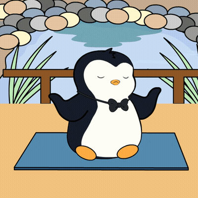 Penguin In Bow Tie On Yoga Mat Eyes Closed GIF