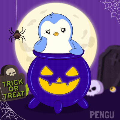Penguin In Cauldron Trick Or Treat Gravestone GIF