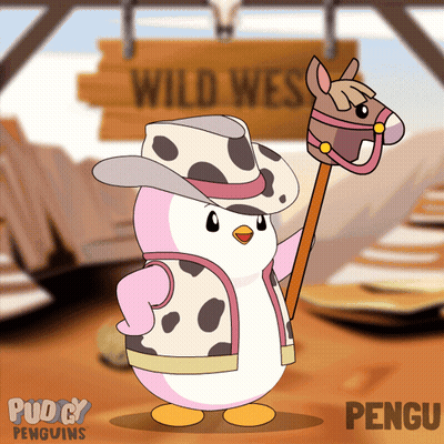 Penguin In Cowboy Hat Holding Stick With Wild West Sign GIF