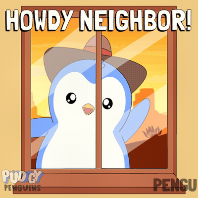 Penguin In Cowboy Hat Looking Out Window Saying Howdy Neighbor GIF