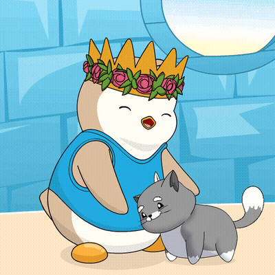 Penguin In Crown And Blue Shirt Holding Cat GIF