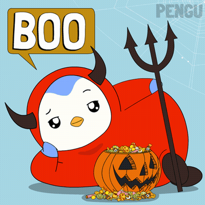 Penguin In Devil Costume With Trident And Pumpkin GIF