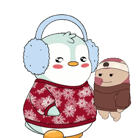 Penguin In Ear Muffs Standing Next To Sloth Sticker