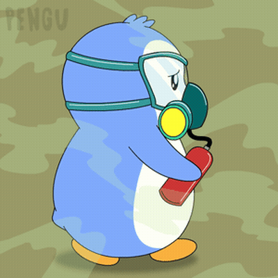 Penguin In Gas Mask Holding Fire Extinguisher GIF