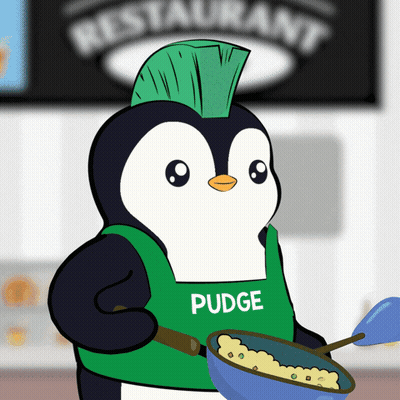 Penguin In Green Apron Saying Pudge GIF