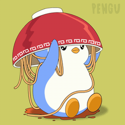 Penguin In Green Apron Saying Pudge GIF