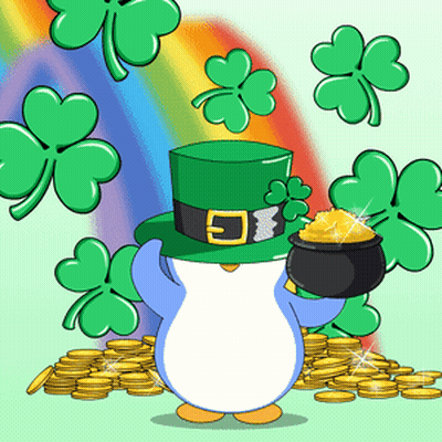 Penguin In Green Hat Holding Pot Of Gold GIF