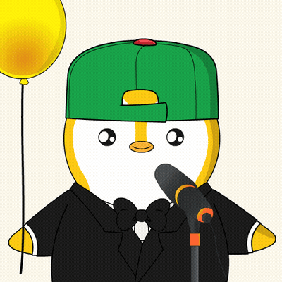 Penguin In Green Hat Holding Yellow Balloon And Microphone GIF
