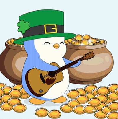 Penguin In Green Hat Playing Guitar With Pots Of Gold GIF