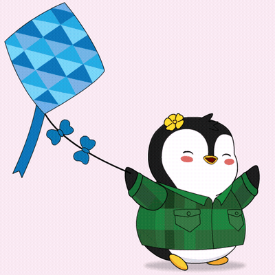 Penguin In Green Plaid Shirt Flying Blue Kite GIF