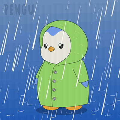 Penguin In Green Raincoat In Rain GIF