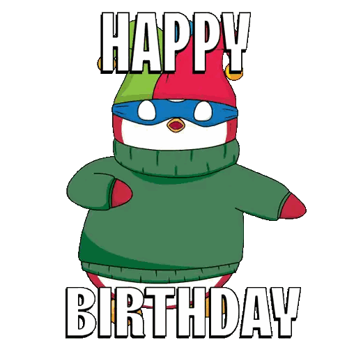 Penguin In Green Sweater And Jester Hat Says Happy Birthday Sticker