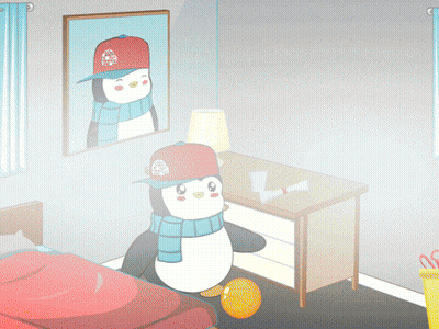 Penguin In Hat And Scarf Next To Bed GIF