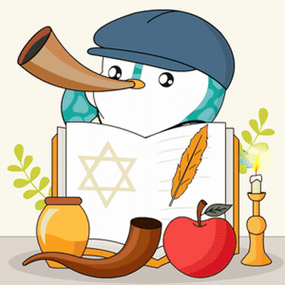 Penguin In Hat Blowing Shofar Reading Bible GIF