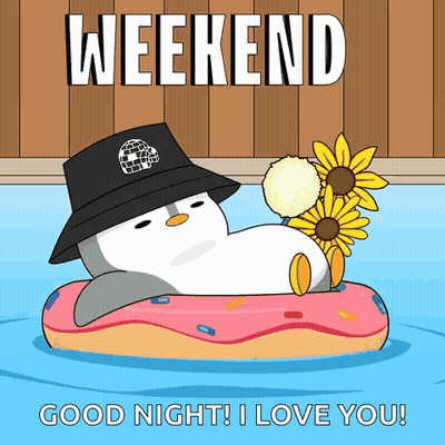 Penguin In Hat Floating On Donut In Pool GIF