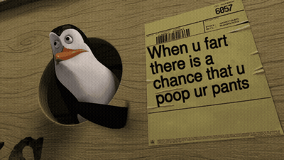 Penguin In Hole Next To Paper Saying When U Fart There Is A Chance That U Poop GIF