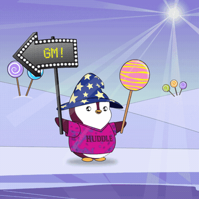 Penguin In Huddle Shirt Holding Lollipop In Front Of GM Sign GIF