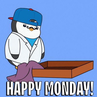 Penguin In Lab Coat Holding Happy Monday Box GIF