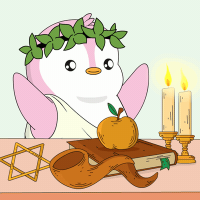 Penguin In Laurel Wreath At Table With Candles And Book GIF