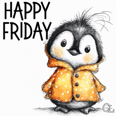 Penguin In Orange Coat Saying Happy Friday GIF