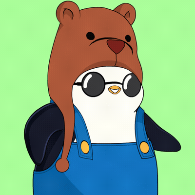 Penguin In Overalls And Bear Hat With Sunglasses GIF