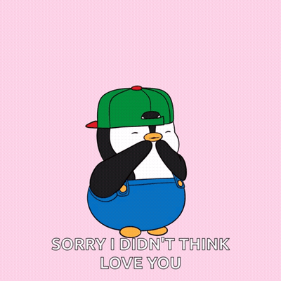Penguin In Overalls And Green Hat Saying Sorry I Didn't Think Love You GIF