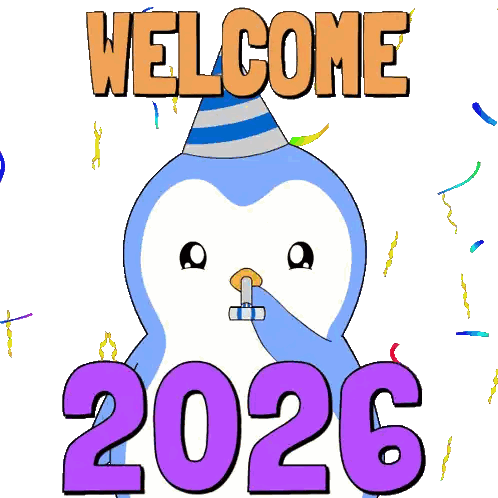 Penguin In Party Hat Blowing Horn Welcome 2026 Sticker