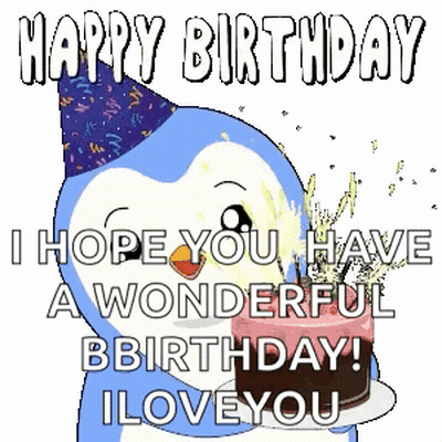 Penguin In Party Hat Holding Birthday Cake Saying Happy Birthday GIF