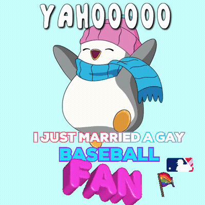 Penguin In Pink Hat And Scarf Saying Yahoo I Just Married A Gay Baseball Fan GIF