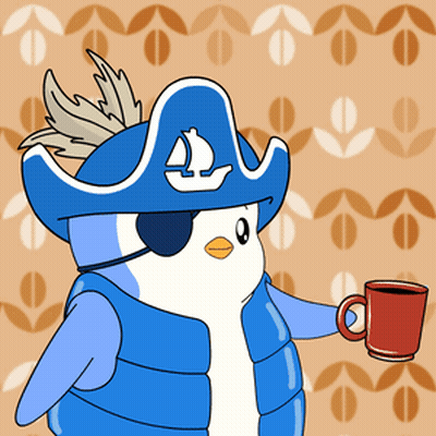 Penguin In Pirate Hat Holding Coffee GIF