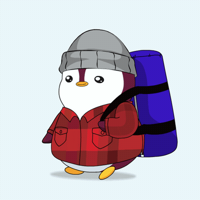 Penguin In Plaid Shirt And Gray Hat Carrying Blue Sleeping Bag GIF