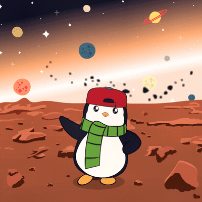 Penguin In Red Hat And Green Scarf On Rocky Planet GIF