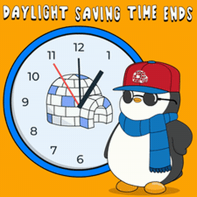 Penguin In Red Hat And Scarf Before Clock Saying Daylight Saving Time Ends GIF