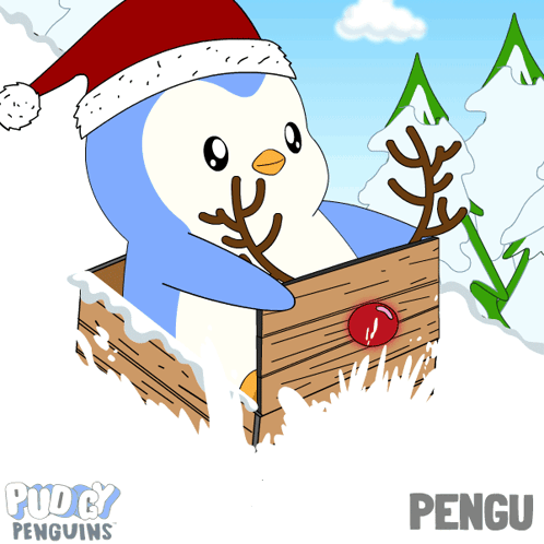 Penguin In Santa Hat And Reindeer Antlers In Wooden Box With Word Pengu GIF