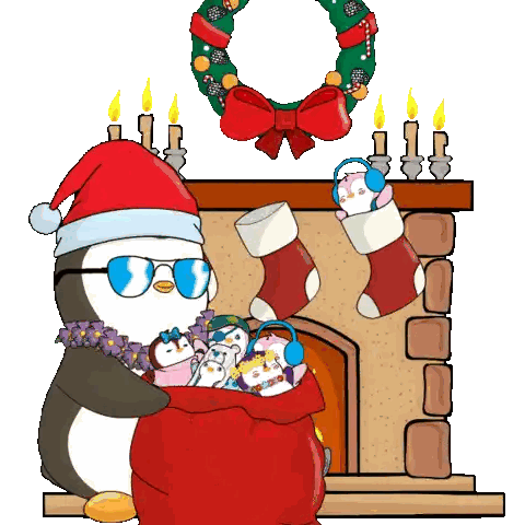 Penguin In Santa Hat Holding Bag Of Penguins Sticker