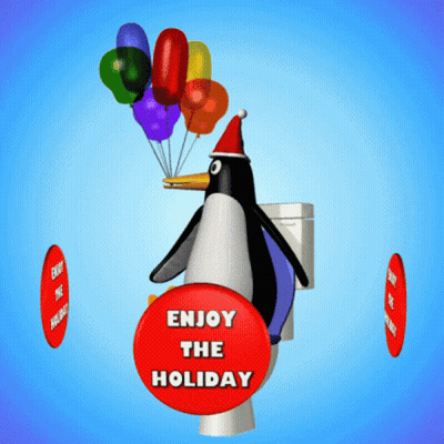 Penguin In Santa Hat Holding Balloons Enjoy The Holiday Sign GIF