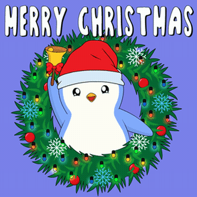 Penguin In Santa Hat Holding Bell Christmas Wreath GIF