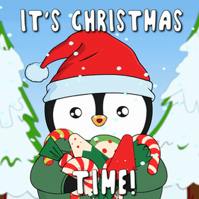 Penguin In Santa Hat Holding Candy Canes Saying It's Christmas Time GIF