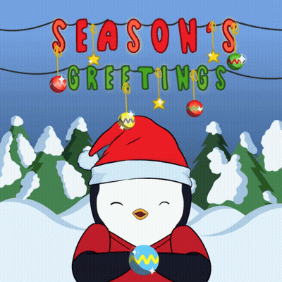 Penguin In Santa Hat Holding Christmas Ball Under Season's Greetings Banner GIF