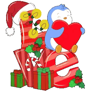 Penguin In Santa Hat Holding Heart In Front Of Love Sign Sticker