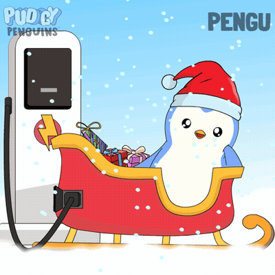 Penguin In Santa Hat Sitting In Sleigh With Gifts GIF