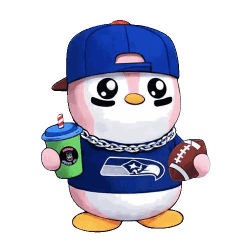 Penguin In Seahawks Shirt Holding Football And Drink Sticker