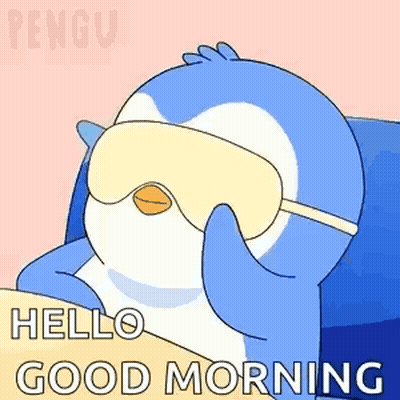 Penguin In Sleep Mask Saying Hello Good Morning GIF