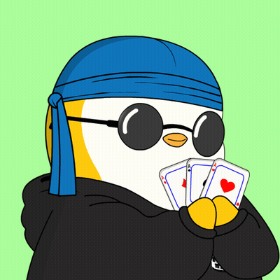 Penguin In Sunglasses And Blue Headband Holding Playing Cards GIF