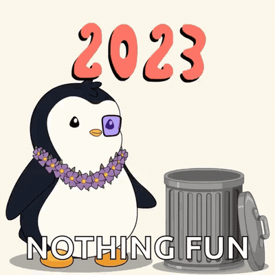 Penguin In Sunglasses And Lei Next To Trash Can Saying Happy 2024 Nothing Fun GIF